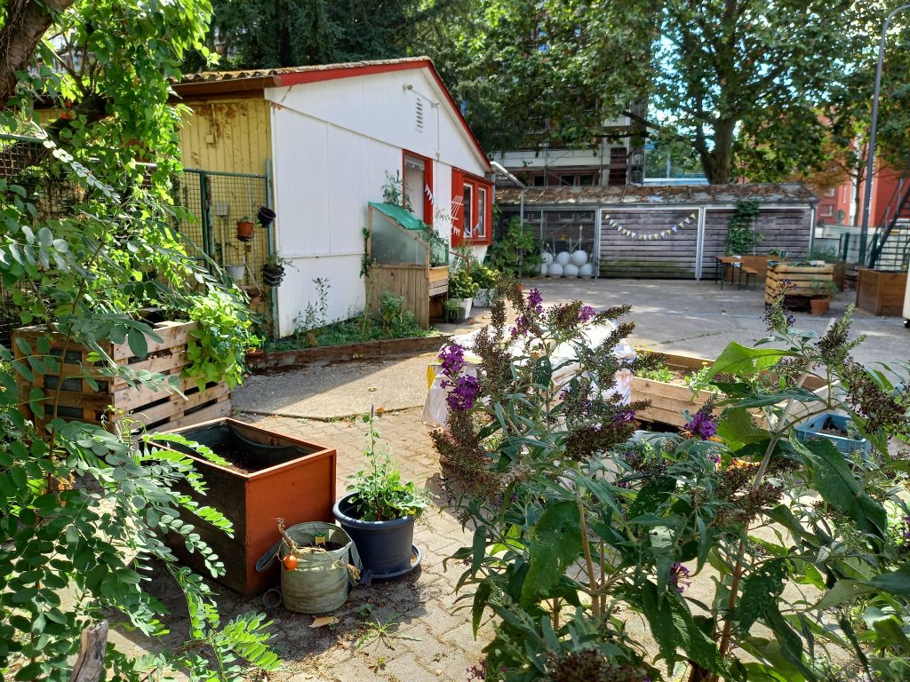 Urban Gardening in Bockenheim, Gemeinschaftsgarten im Hof vor der Sozialen Manufaktur des Deutschen Roten Kreuz (DRK)