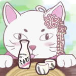 Katze mit japanischem Haarschmuck die vor einem Tisch mit Sake sitzt und Blep macht