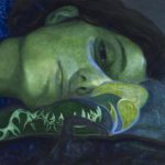 Grünblaues Gemälde von Victor Man eines Frauenkopfes der auf einem Kissen liegt